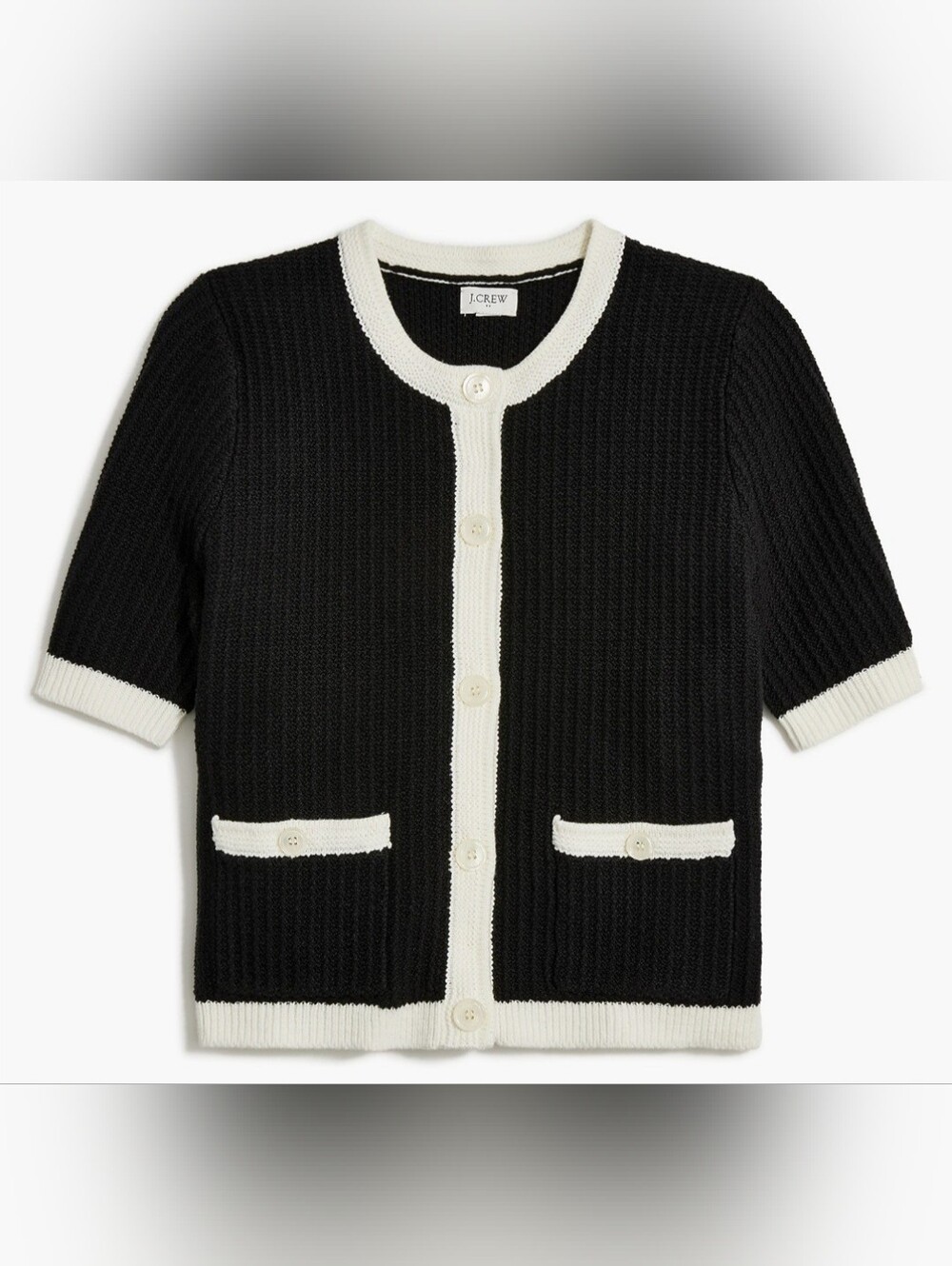 J. Crew Re-imaged Short-Sleeve Black Cardigan with Cream Trim